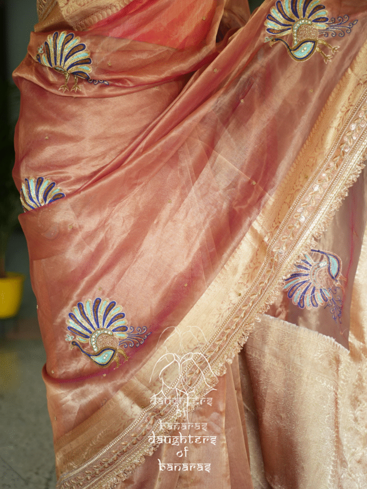 Handwork Pure Tissue Silk Saree with Peacock Motifs - Image 2