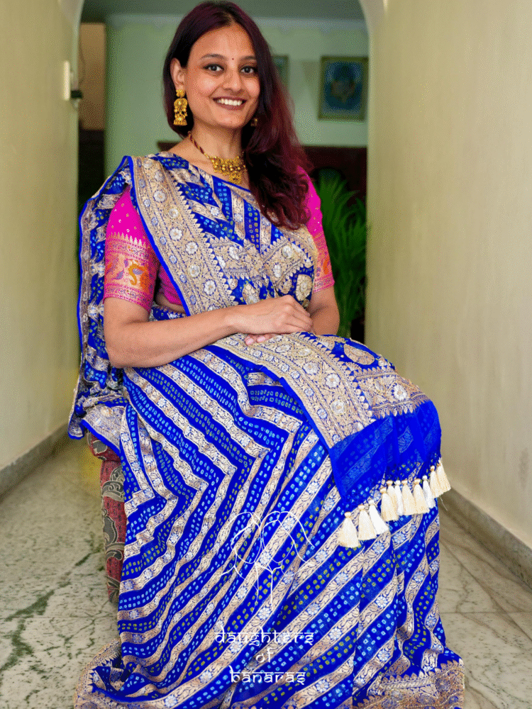 Pure Khaddi Georgette Rai Bandhej Sona Rupa Handwork Saree - Image 4