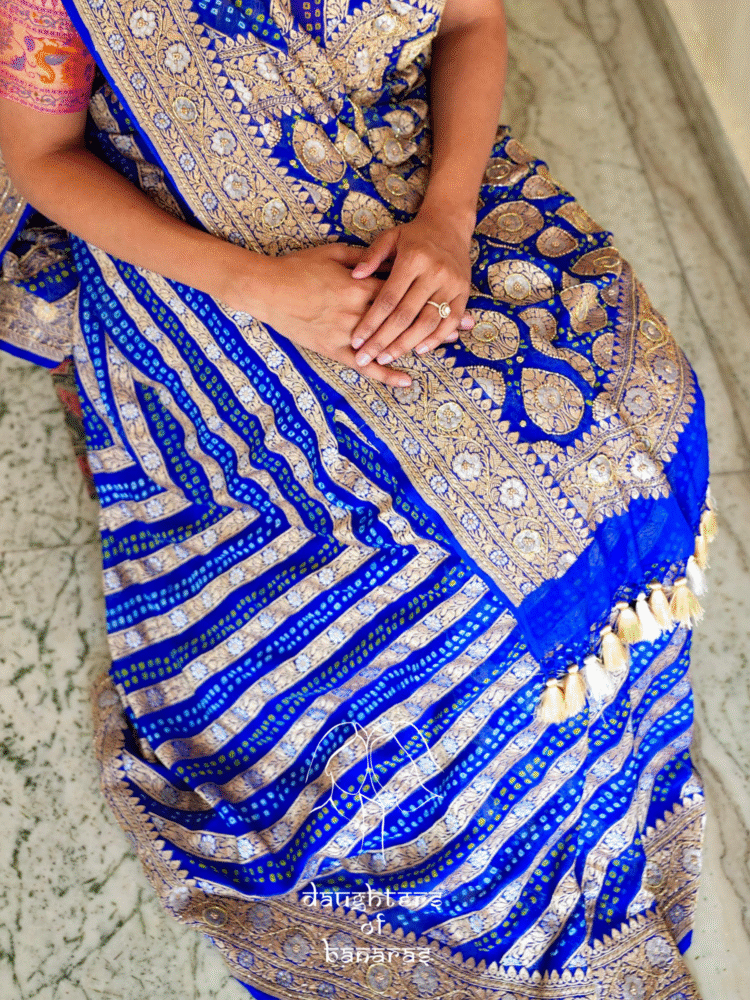 Pure Khaddi Georgette Rai Bandhej Sona Rupa Handwork Saree - Image 5
