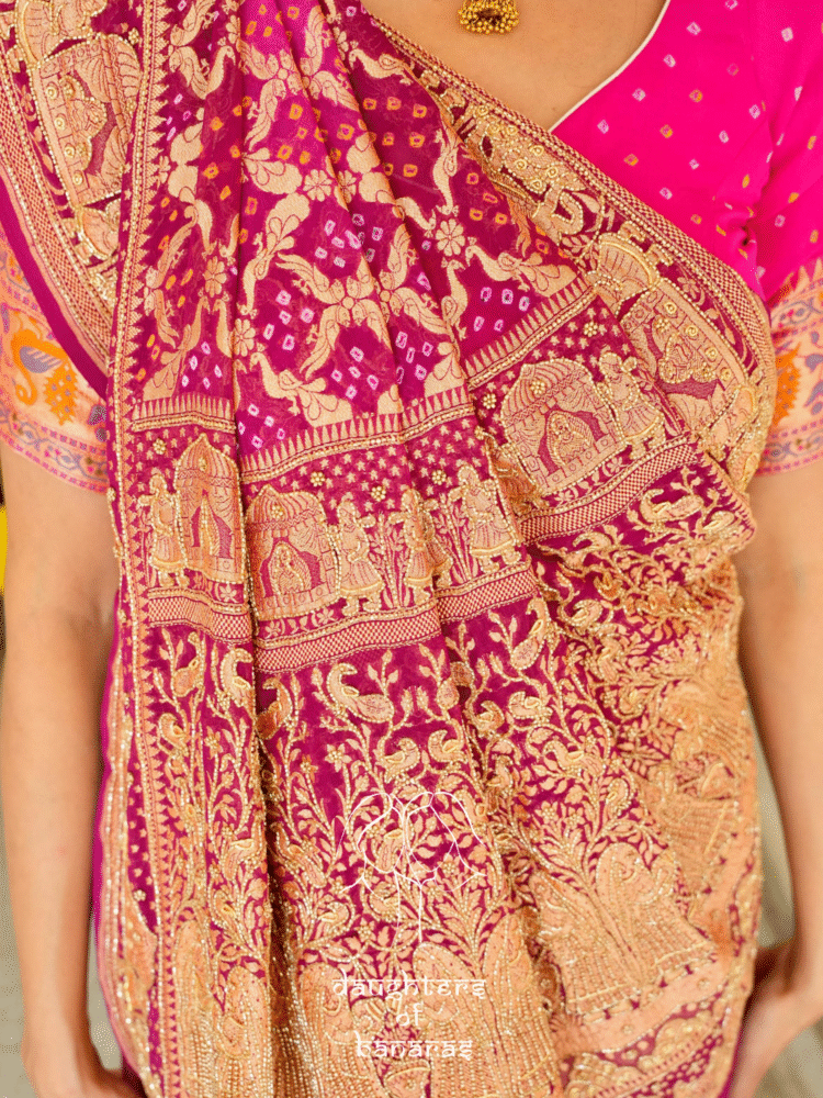 Pure Khaddi Georgett Rai Bandhej Baraat Handwork Saree