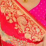 Pure Khaddi Georgette Rai Bandhej Peacock Motif Meenakari Handwork Saree