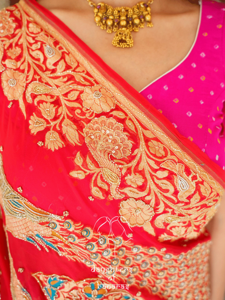 Pure Khaddi Georgette Rai Bandhej Peacock Motif Meenakari Handwork Saree