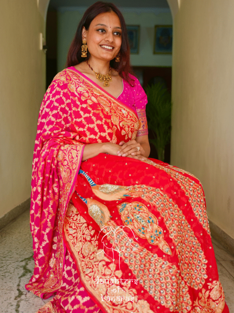 Pure Khaddi Georgette Rai Bandhej Peacock Motif Meenakari Handwork Saree - Image 2