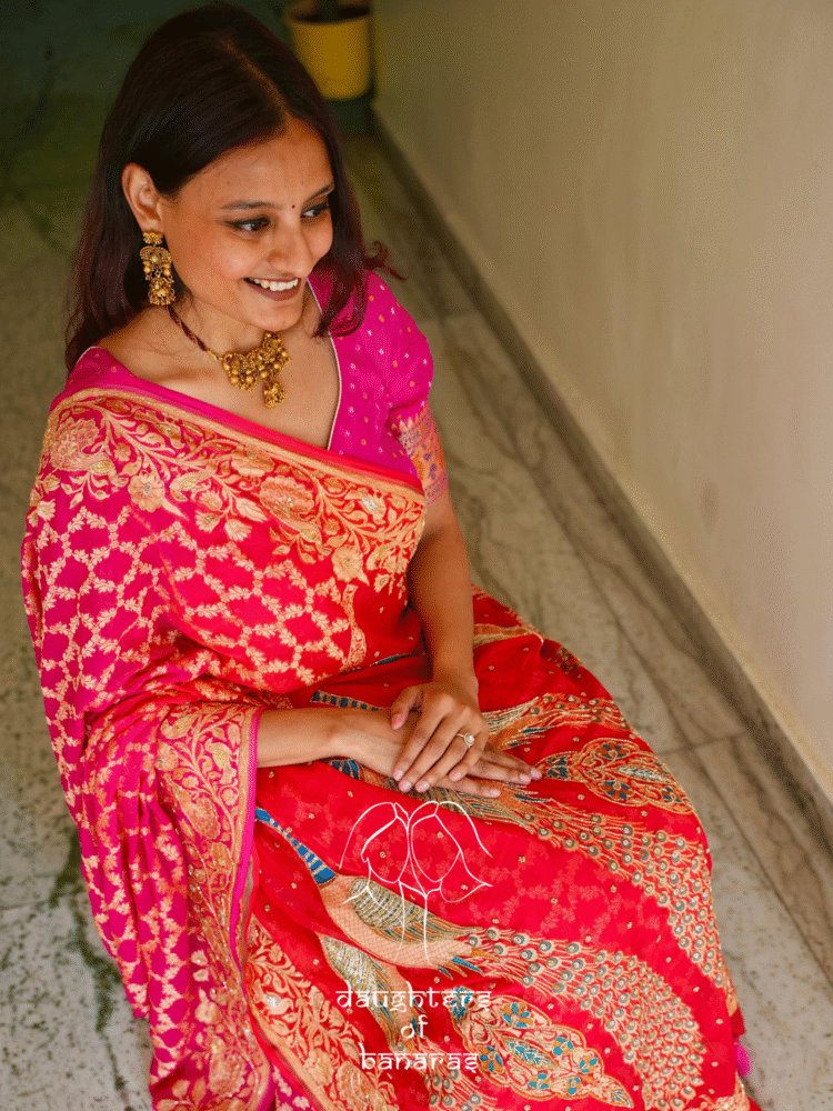 Pure Khaddi Georgette Rai Bandhej Peacock Motif Meenakari Handwork Saree - Image 3