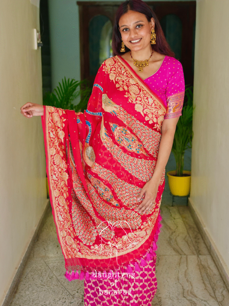 Pure Khaddi Georgette Rai Bandhej Peacock Motif Meenakari Handwork Saree - Image 4