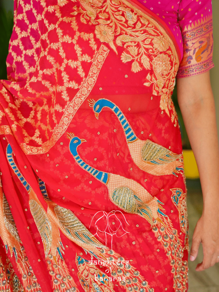 Pure Khaddi Georgette Rai Bandhej Peacock Motif Meenakari Handwork Saree - Image 5