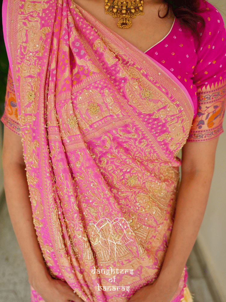 Pure Khaddi Georgett Rai Bandhej Baraat Handwork Saree - Image 3