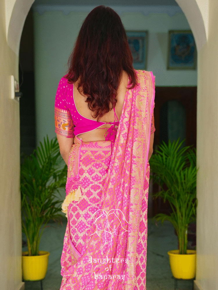 Pure Khaddi Georgett Rai Bandhej Baraat Handwork Saree - Image 4