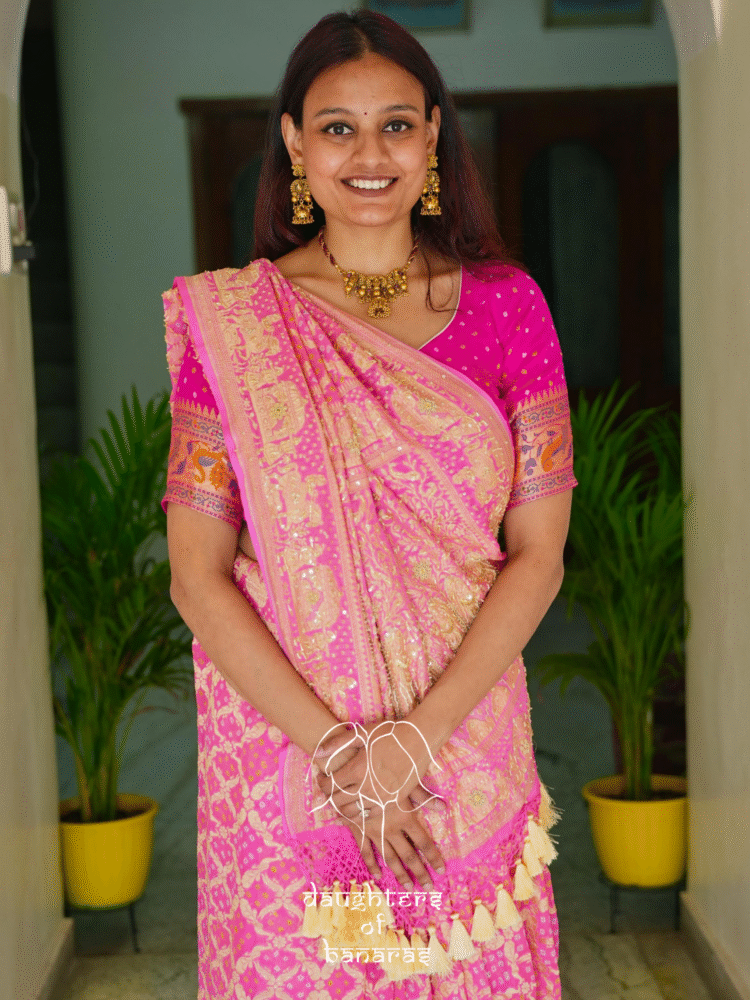 Pure Khaddi Georgett Rai Bandhej Baraat Handwork Saree - Image 6