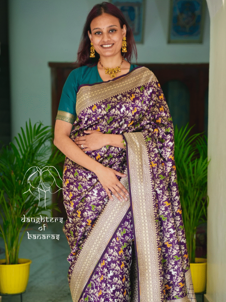 Pure Katan Silk Meenakari Shikargah Saree - Purple