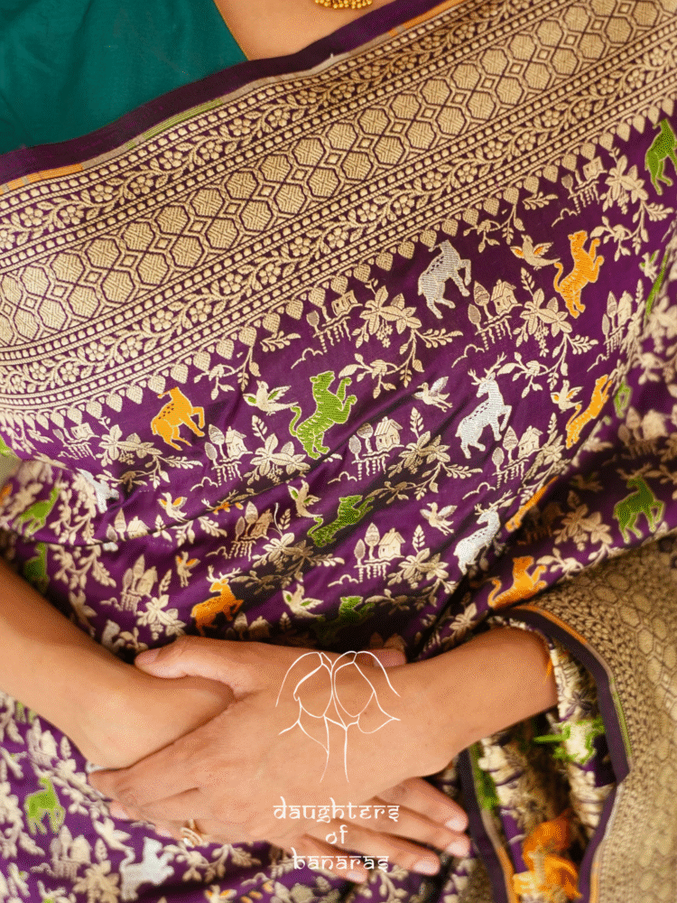 Pure Katan Silk Meenakari Shikargah Saree - Purple - Image 3