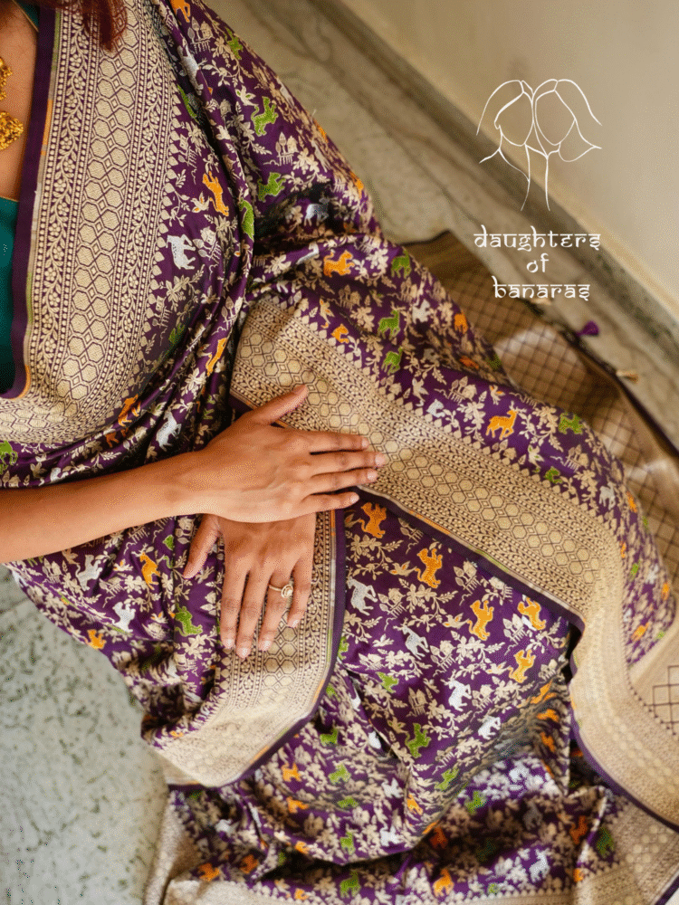 Pure Katan Silk Meenakari Shikargah Saree - Purple - Image 5
