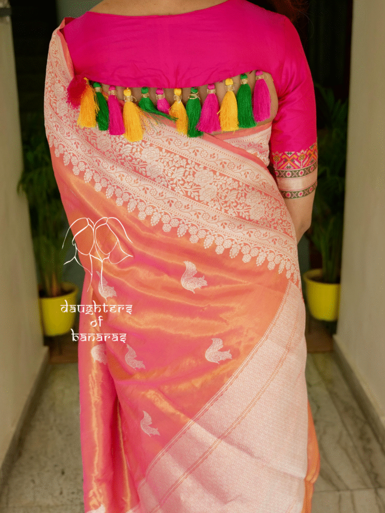 Pure Katan Tissue Kadhuva Rabbit Saree - Peach, Orange - Image 3