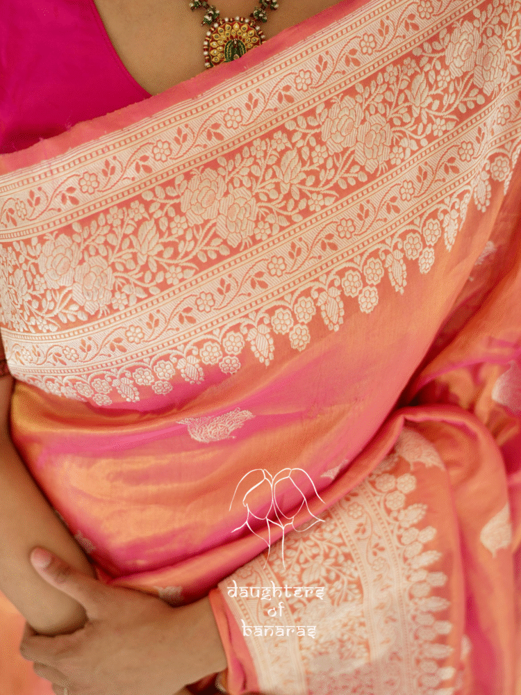 Pure Katan Tissue Kadhuva Rabbit Saree - Peach, Orange - Image 4