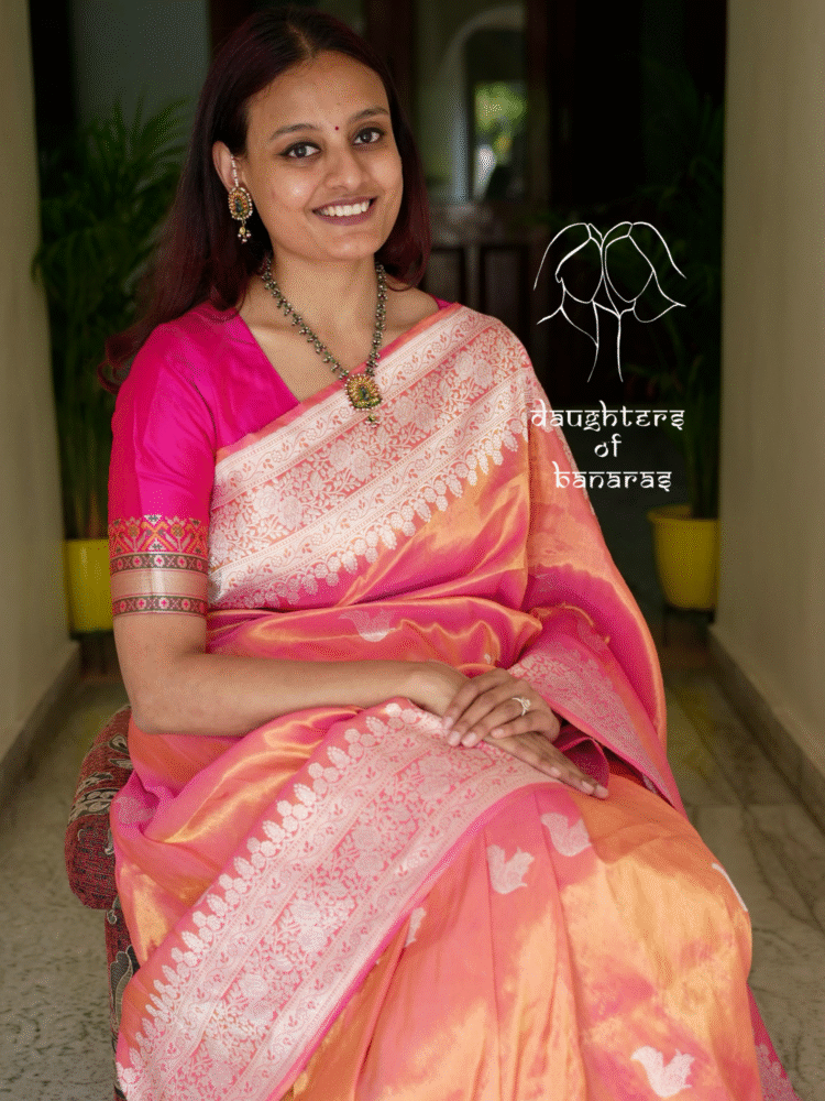 Pure Katan Tissue Kadhuva Rabbit Saree - Peach, Orange - Image 5