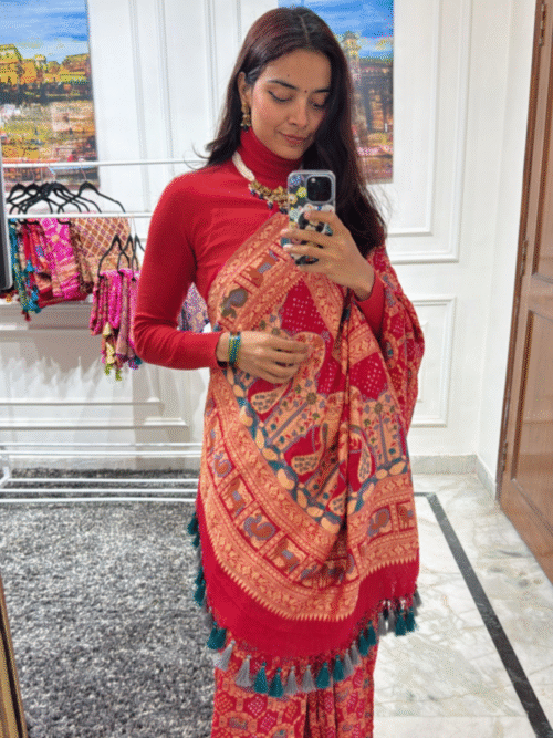 Pure Khaddi Georgette Rai Bandhej Meenakari Shikargah Saree